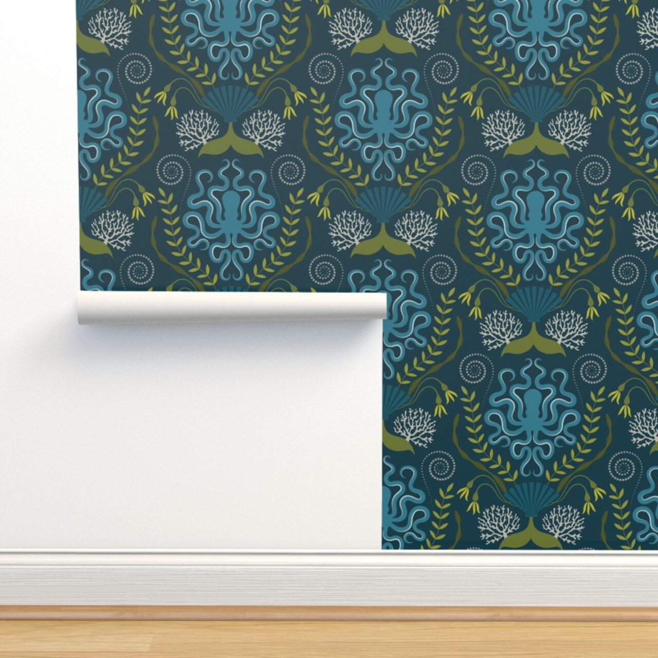 Nautical Damask Victorian Style Botanical Blue Octopus Ocean Life Custom Removable Wallpaper by Spoonflower Peel & Stick Wallpaper 2FT Wide